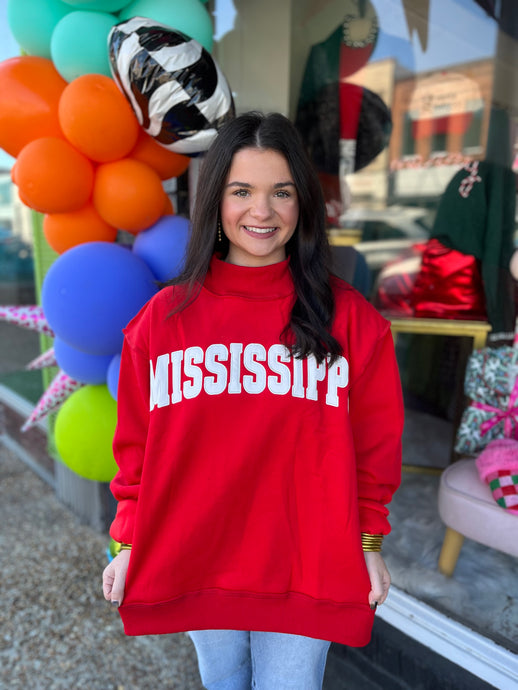 Mississippi Embroidered Mock Neck Red