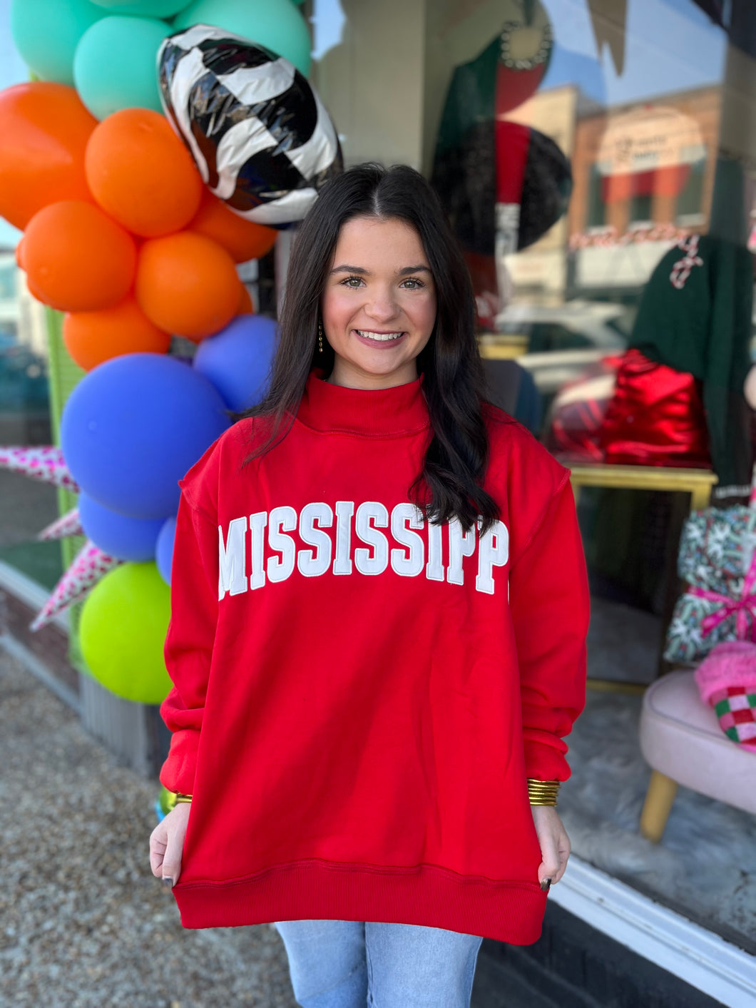 Mississippi Embroidered Mock Neck Red