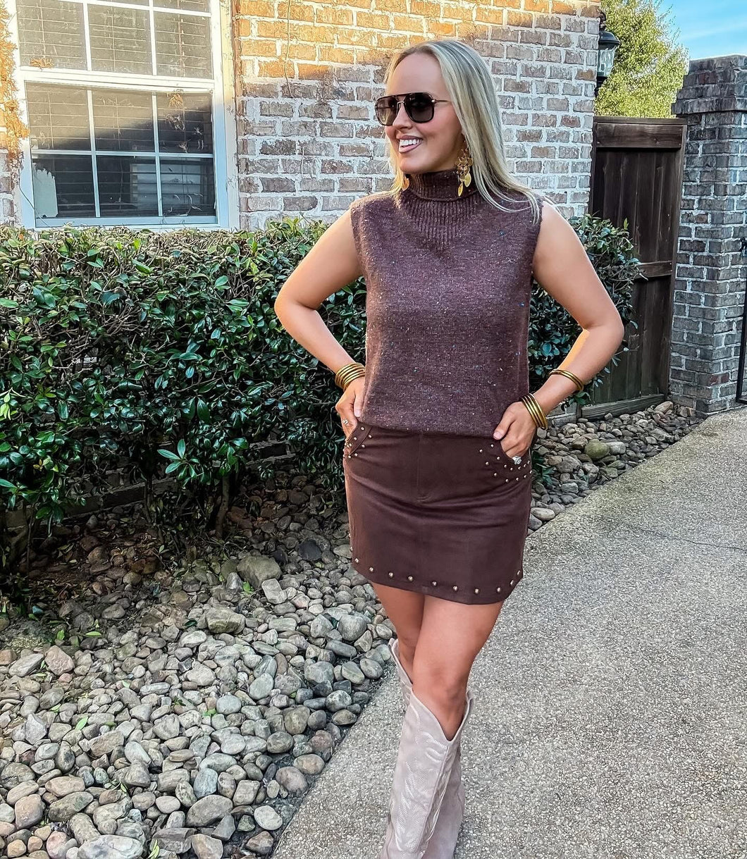 Brown Suede Studded Skirt