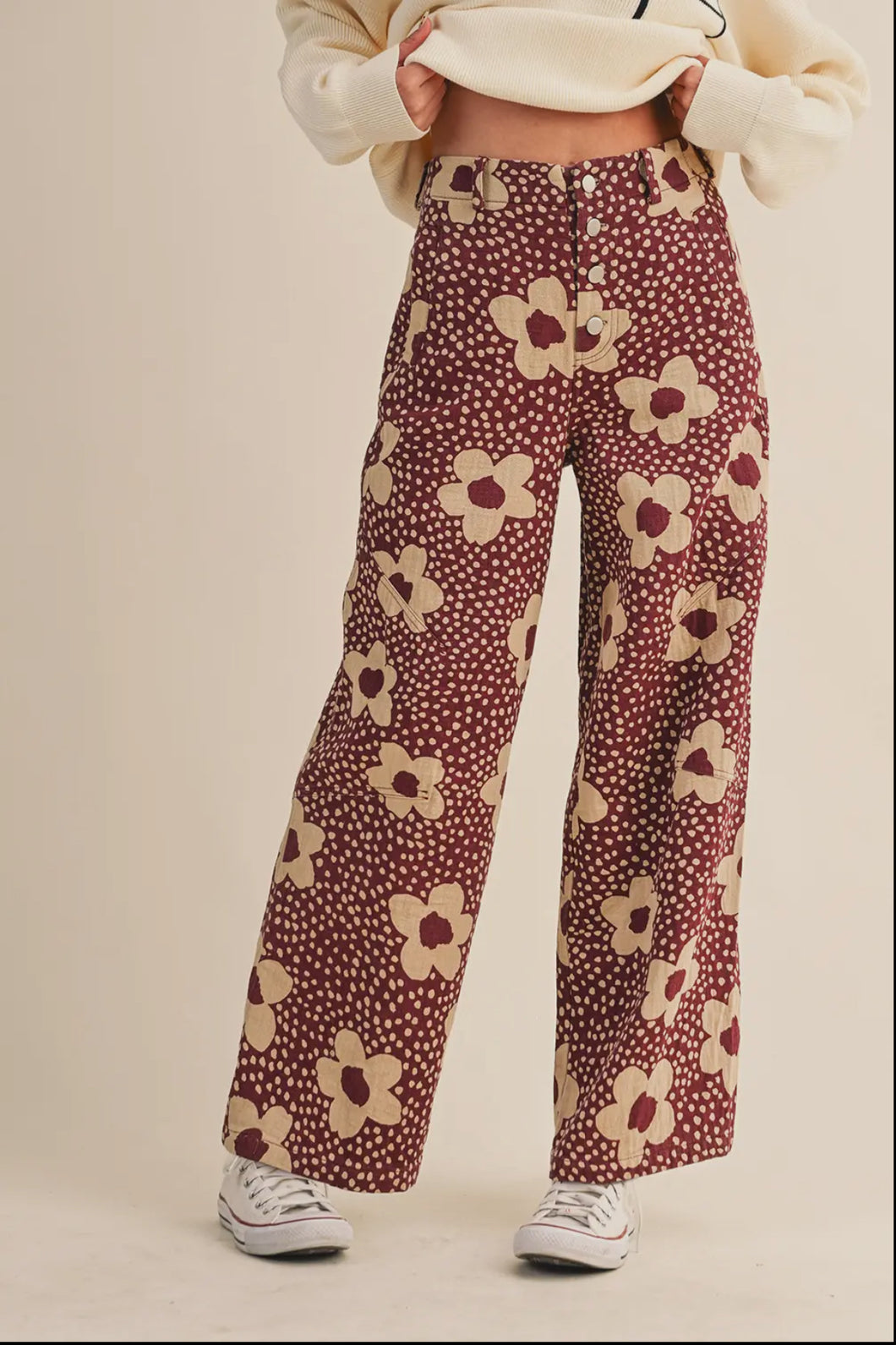 Burgundy Floral Wide Leg Pants