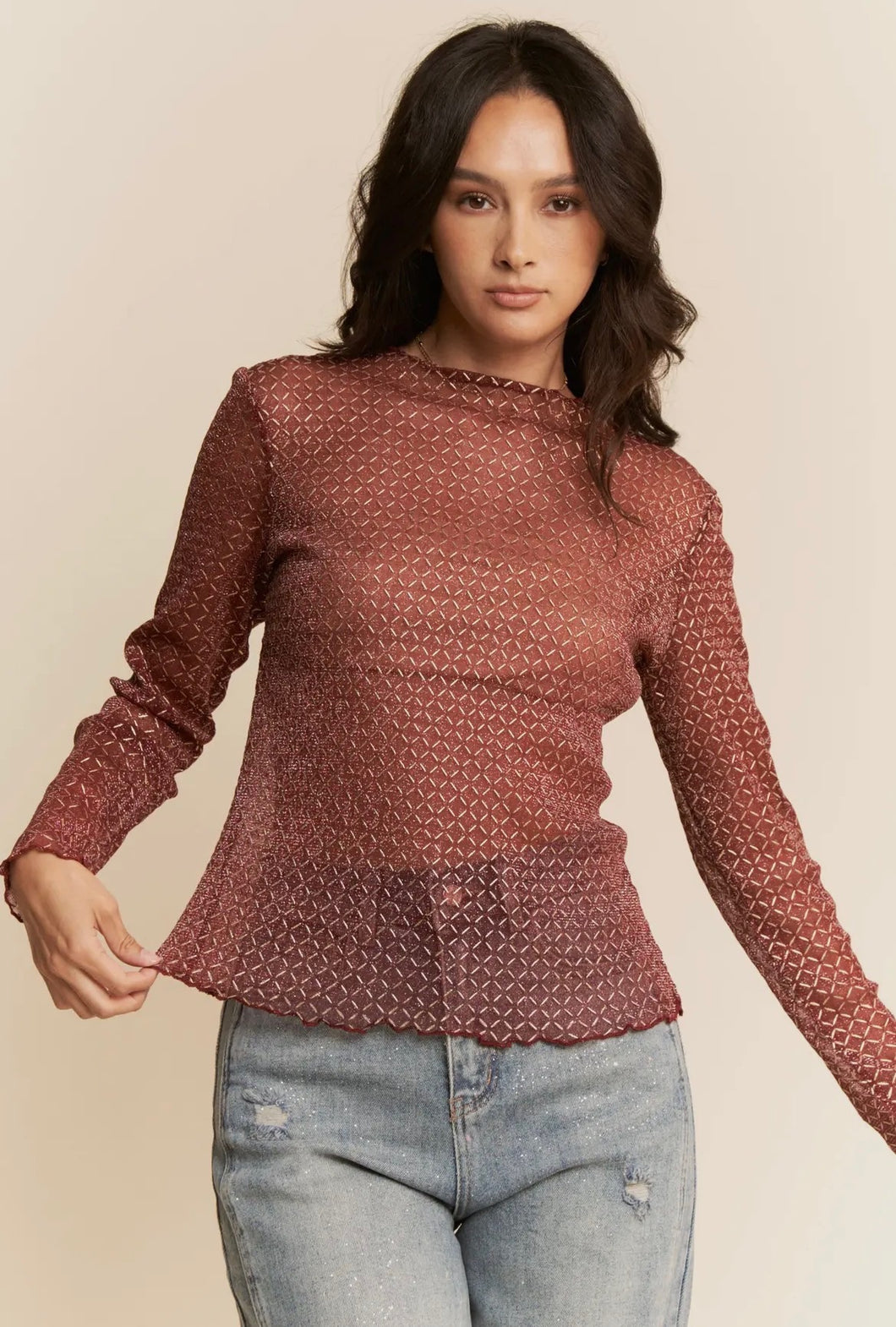 Burgundy Mesh Layering Top