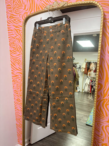 Olive Floral Wide Leg Pants