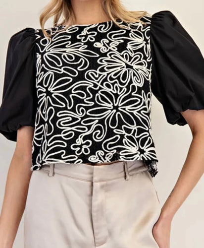 Embroidered Puff Sleeve Top Black
