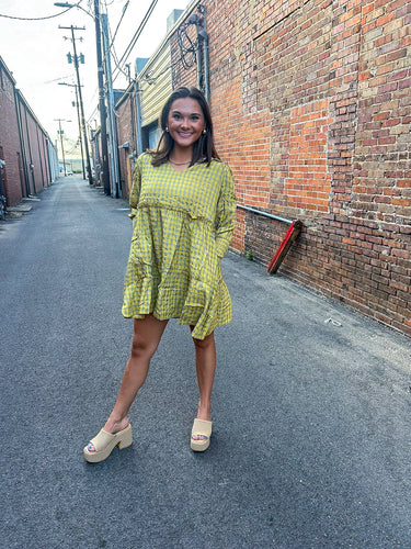 Gold Gingham Tiered Dress