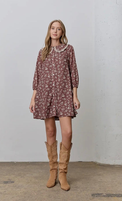 Brown Floral Collared Dress