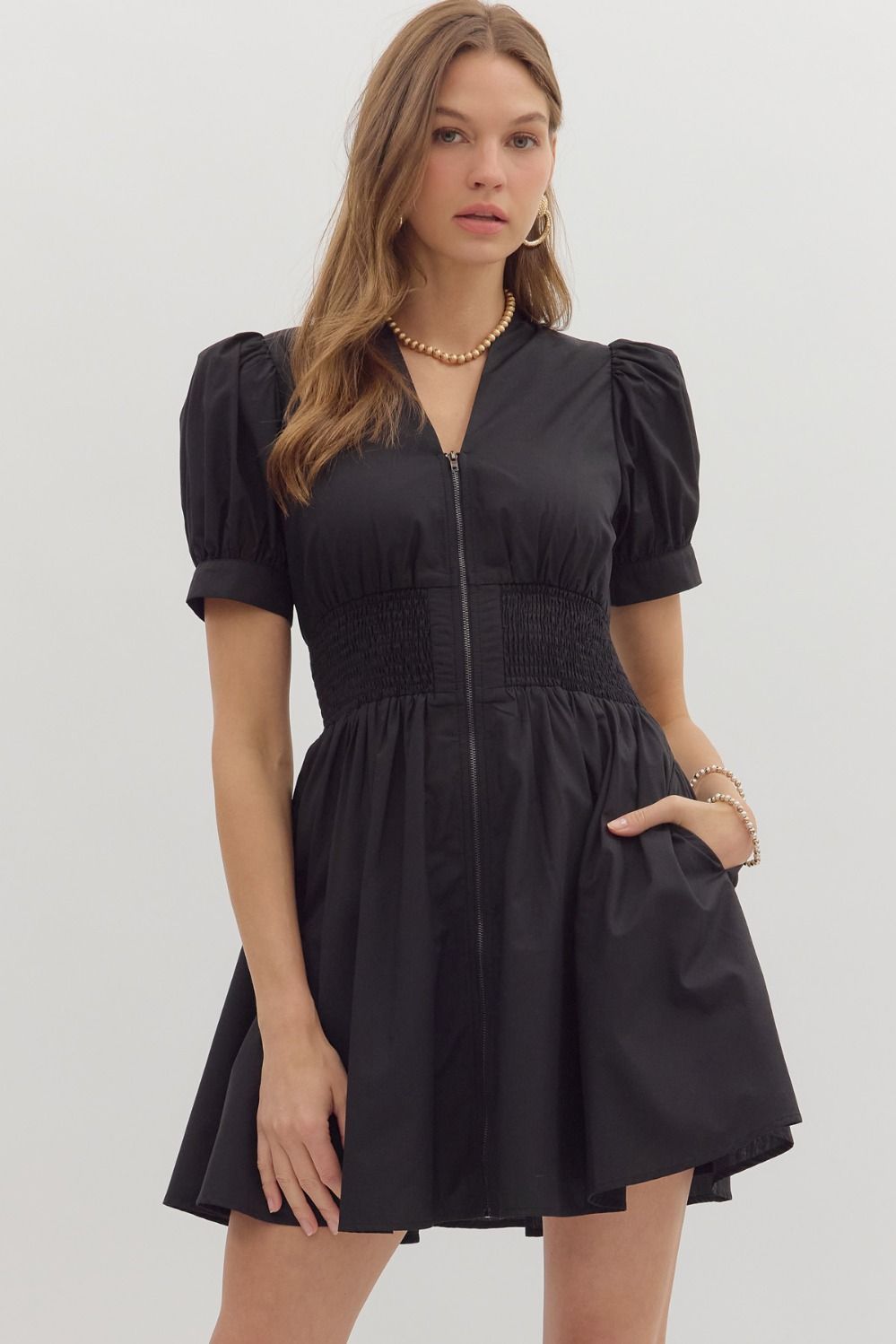 Puff Sleeve Zip Dress Black
