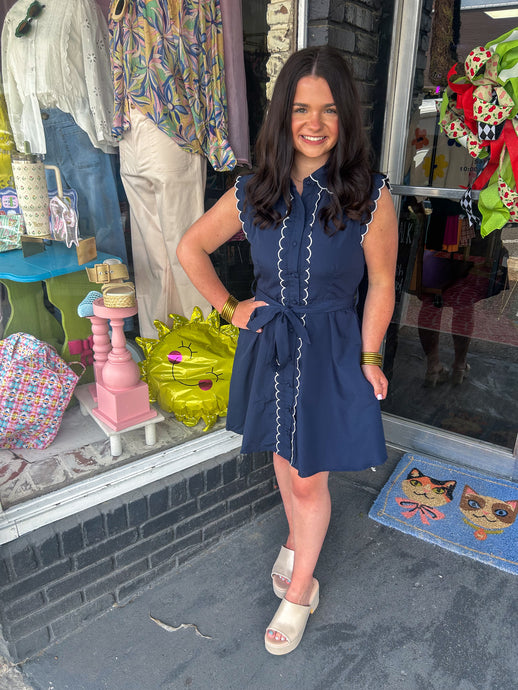 Simple & Scalloped Dress Navy