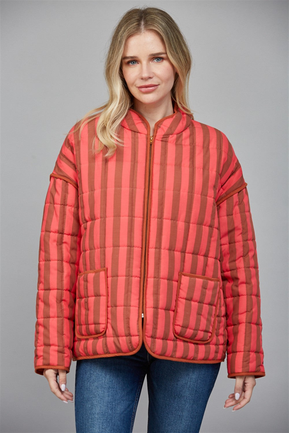 Coral Striped Quilted Jacket