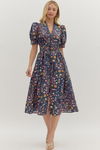 Navy Floral Zip Midi