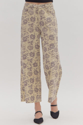 Beige Floral Denim Pants