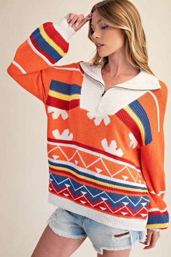 Orange Multi Color Pattern Sweater