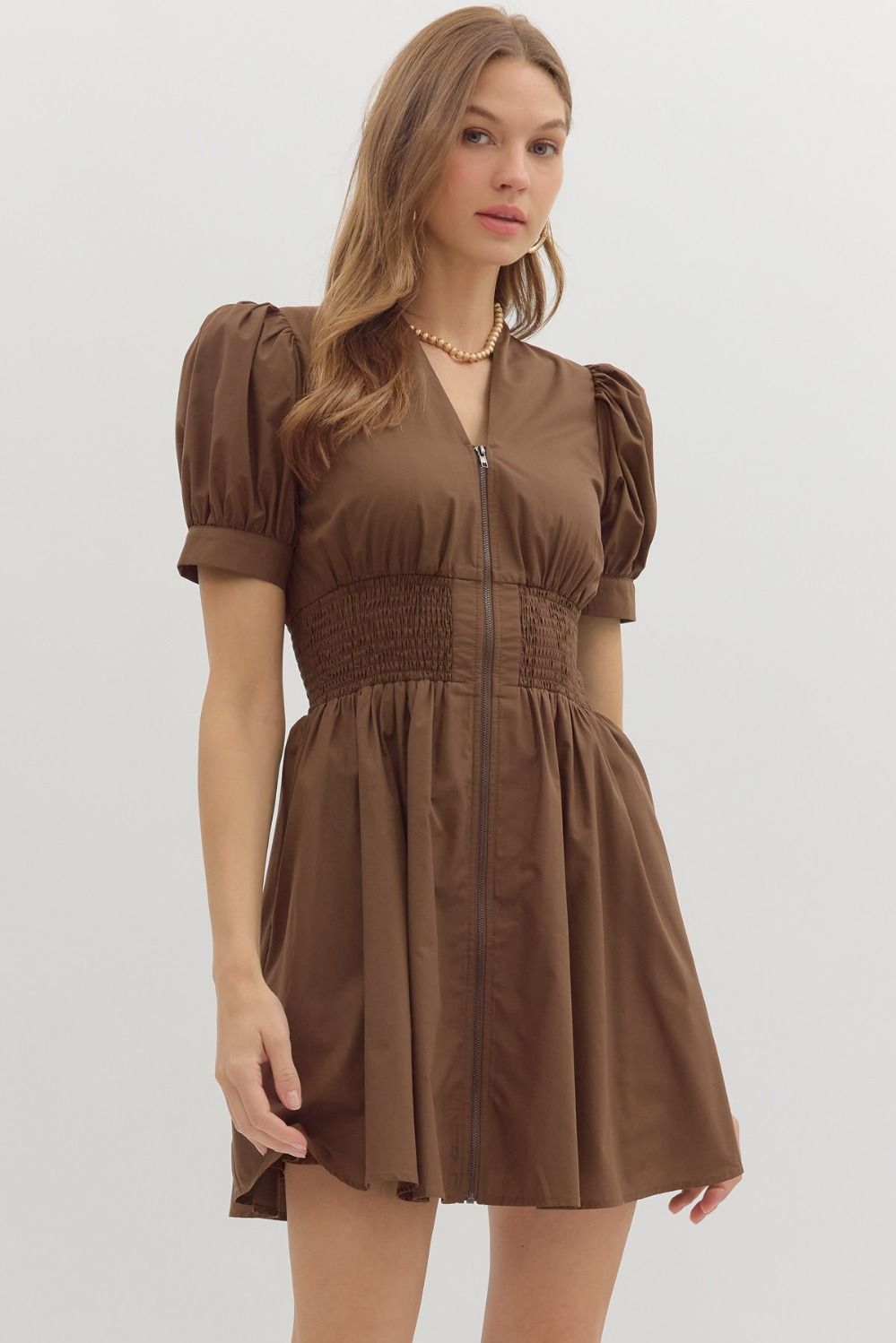 Puff Sleeve Zip Dress Brown