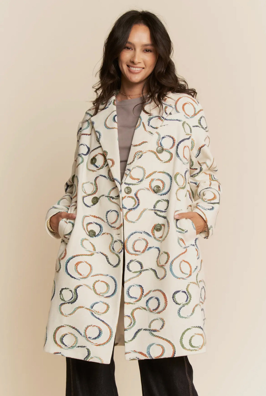 Chunky Embroidered Coat Cream
