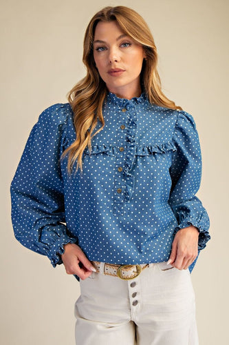 Dark Denim Long Sleeve Polka Dot Top