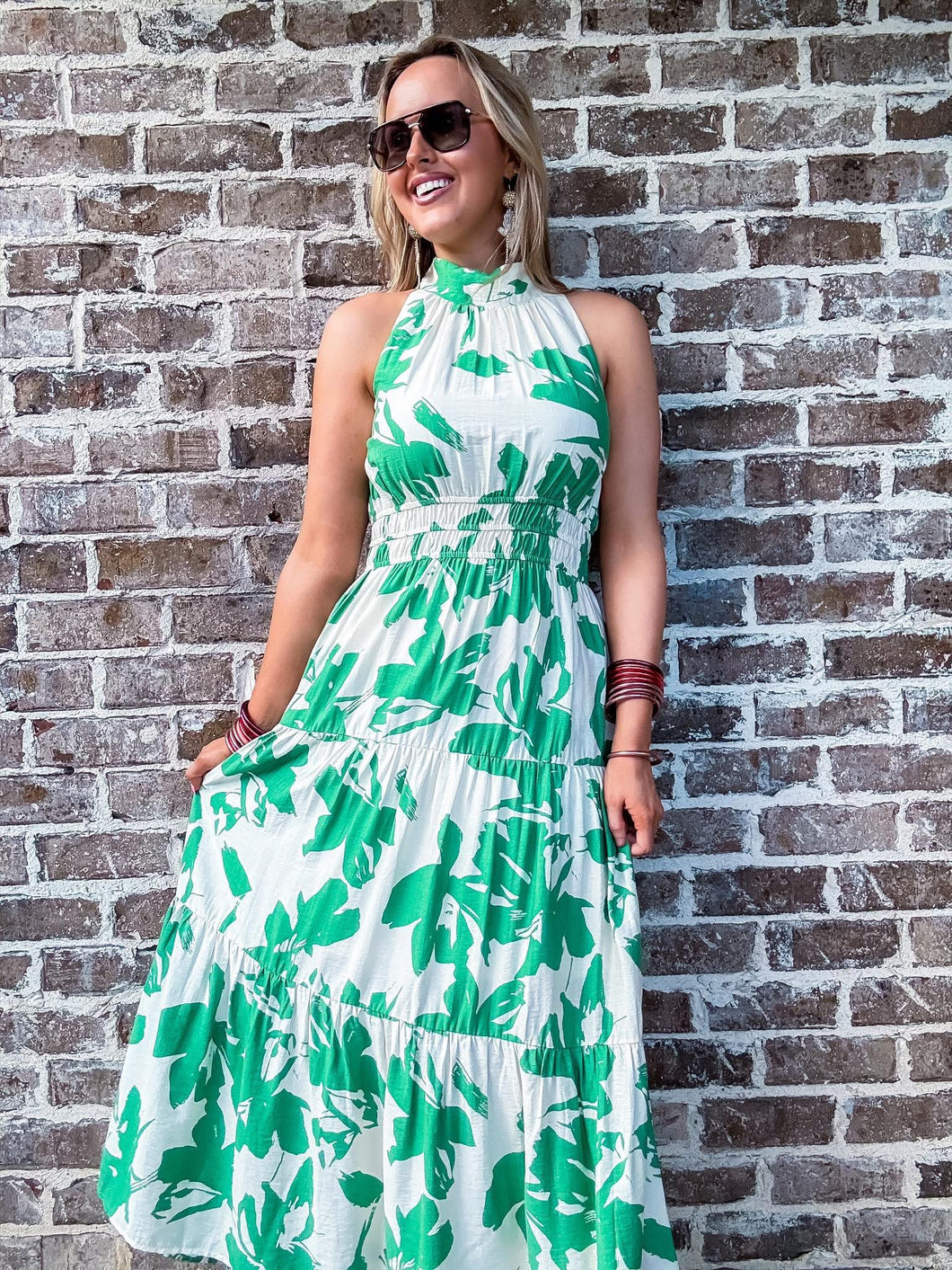 green floral tie dress Green Floral Tie Belt Dress