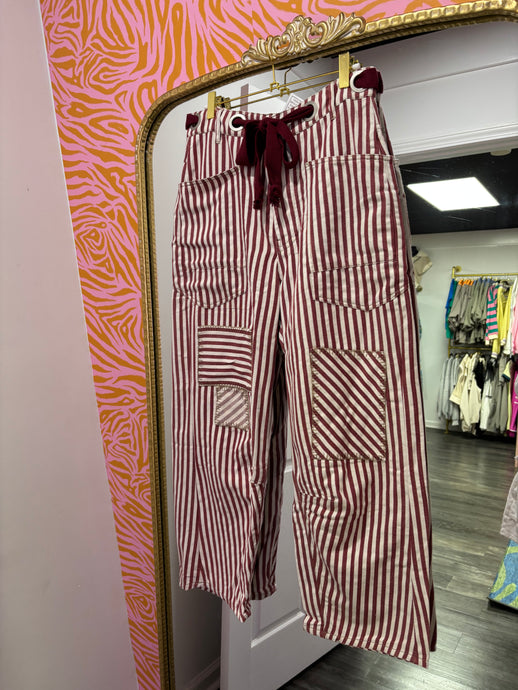 Maroon & White Striped Patch Detail Pants