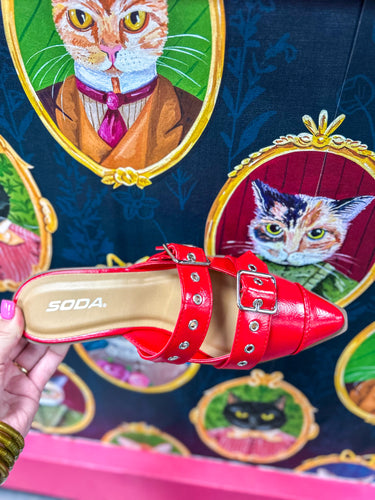 Usual Red Silver Buckle Flats