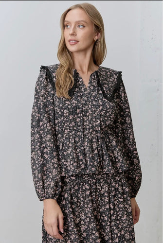Black Floral Print Long Sleeve Top