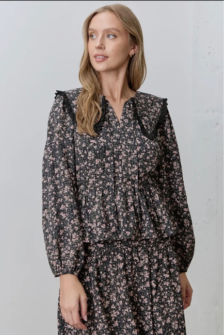 Black Floral Print Long Sleeve Top