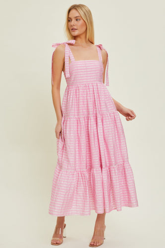 Pink Gingham Tie Shoulder Midi Dress