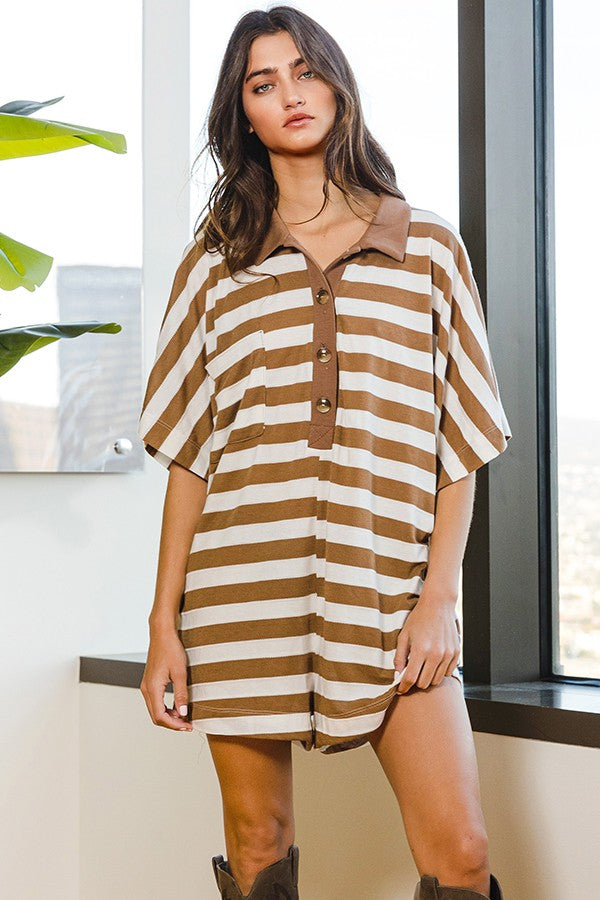Bailey Striped Button Front Romper Tan