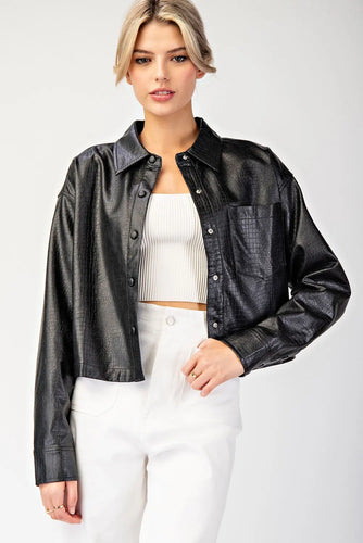 Faux Leather Button Down Jacket Black