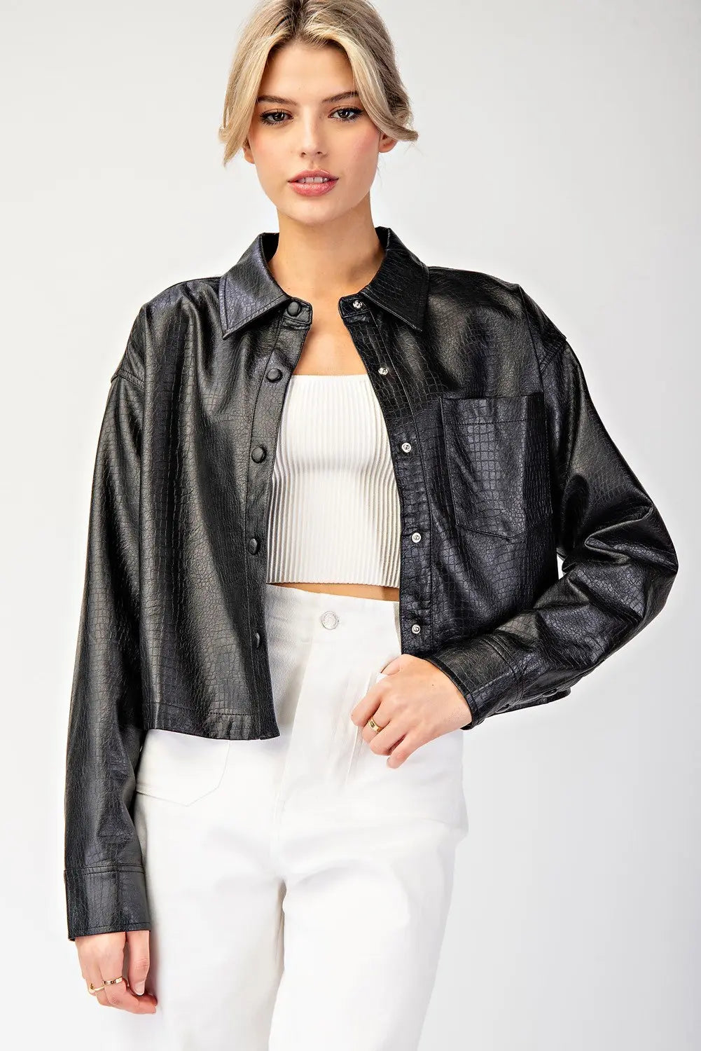 Faux Leather Button Down Jacket Black
