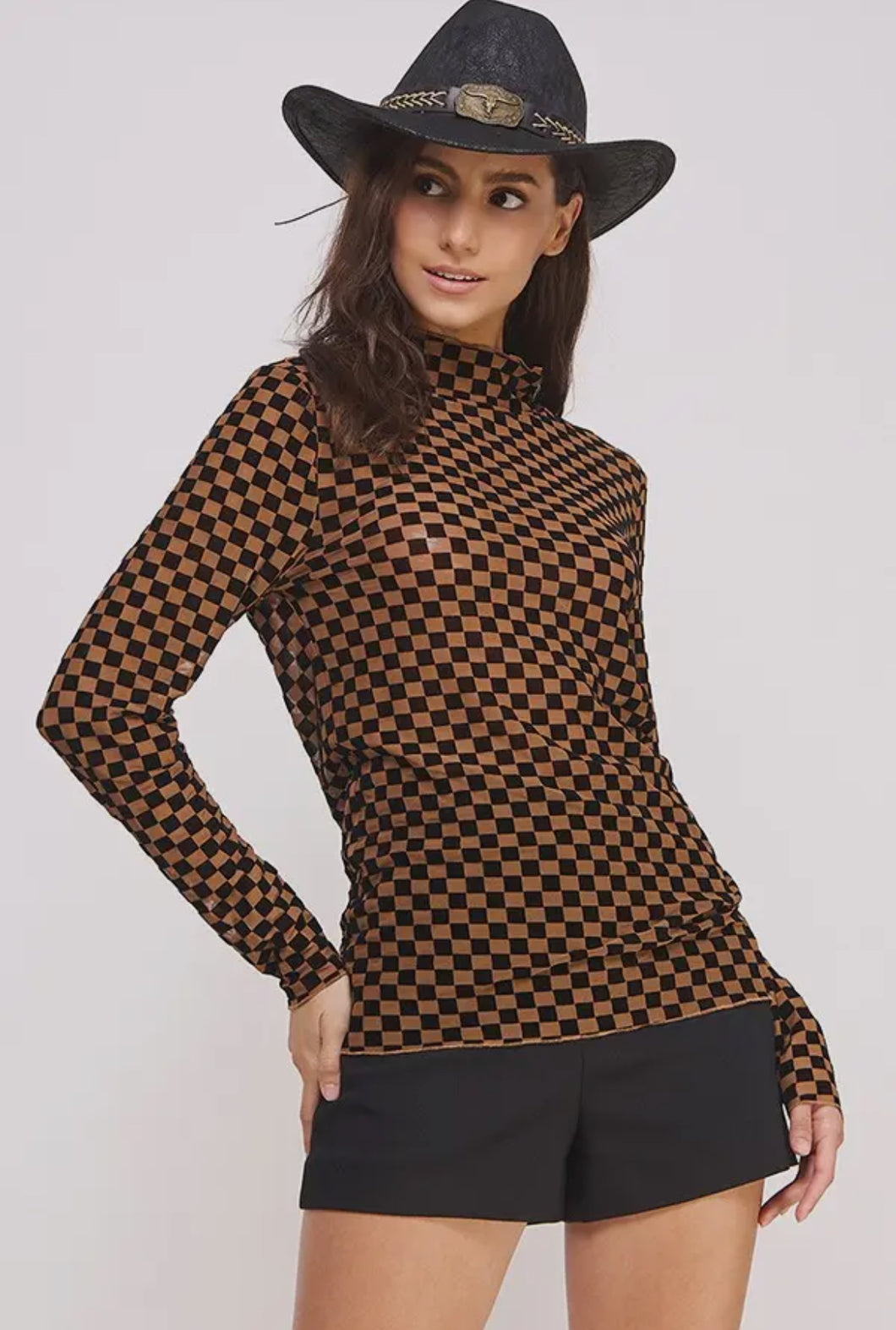 Mocha/Black Checkered Layering Top