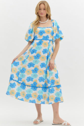 Blue Floral Square Neck Midi