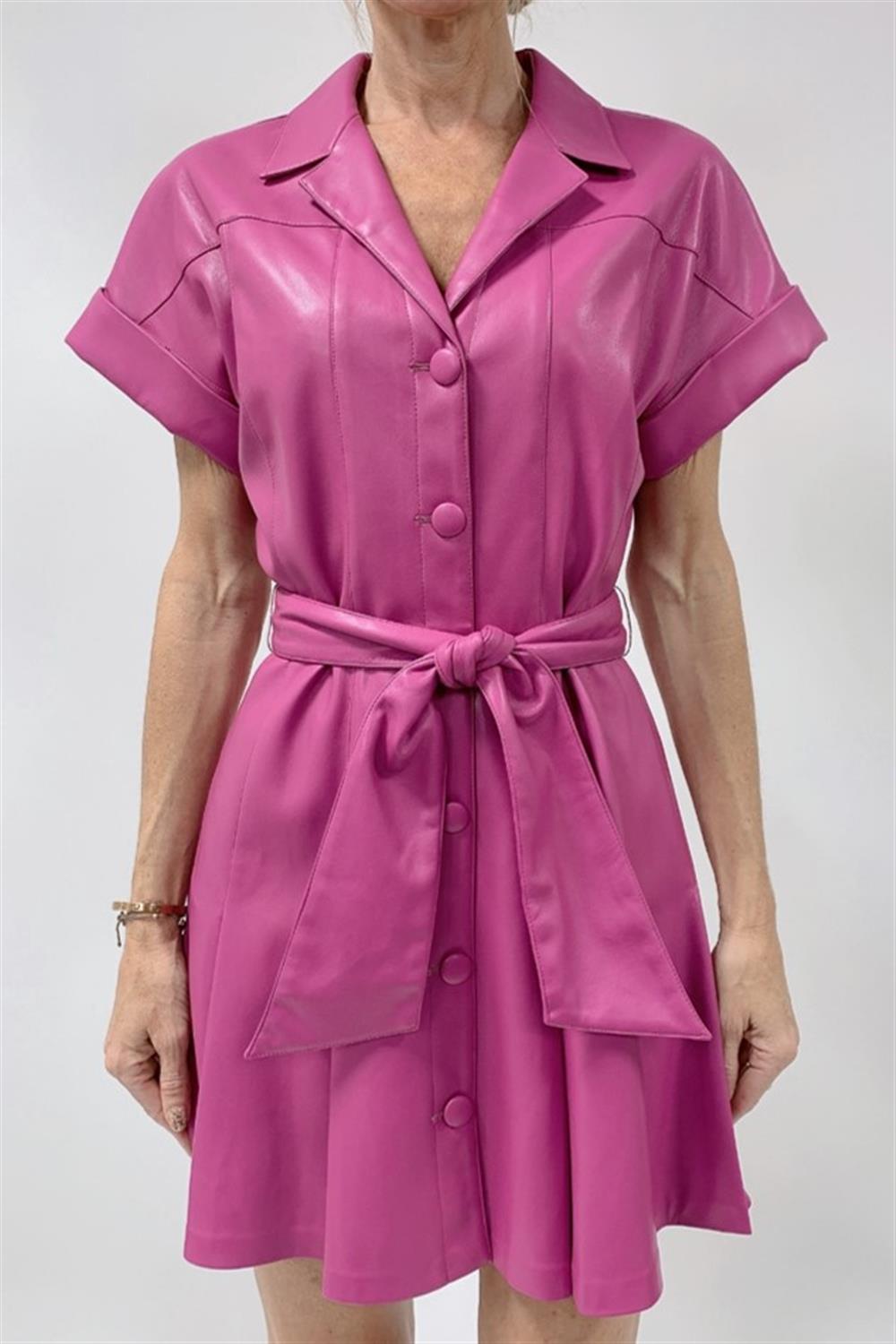Magenta Leather Tie Waist Dress