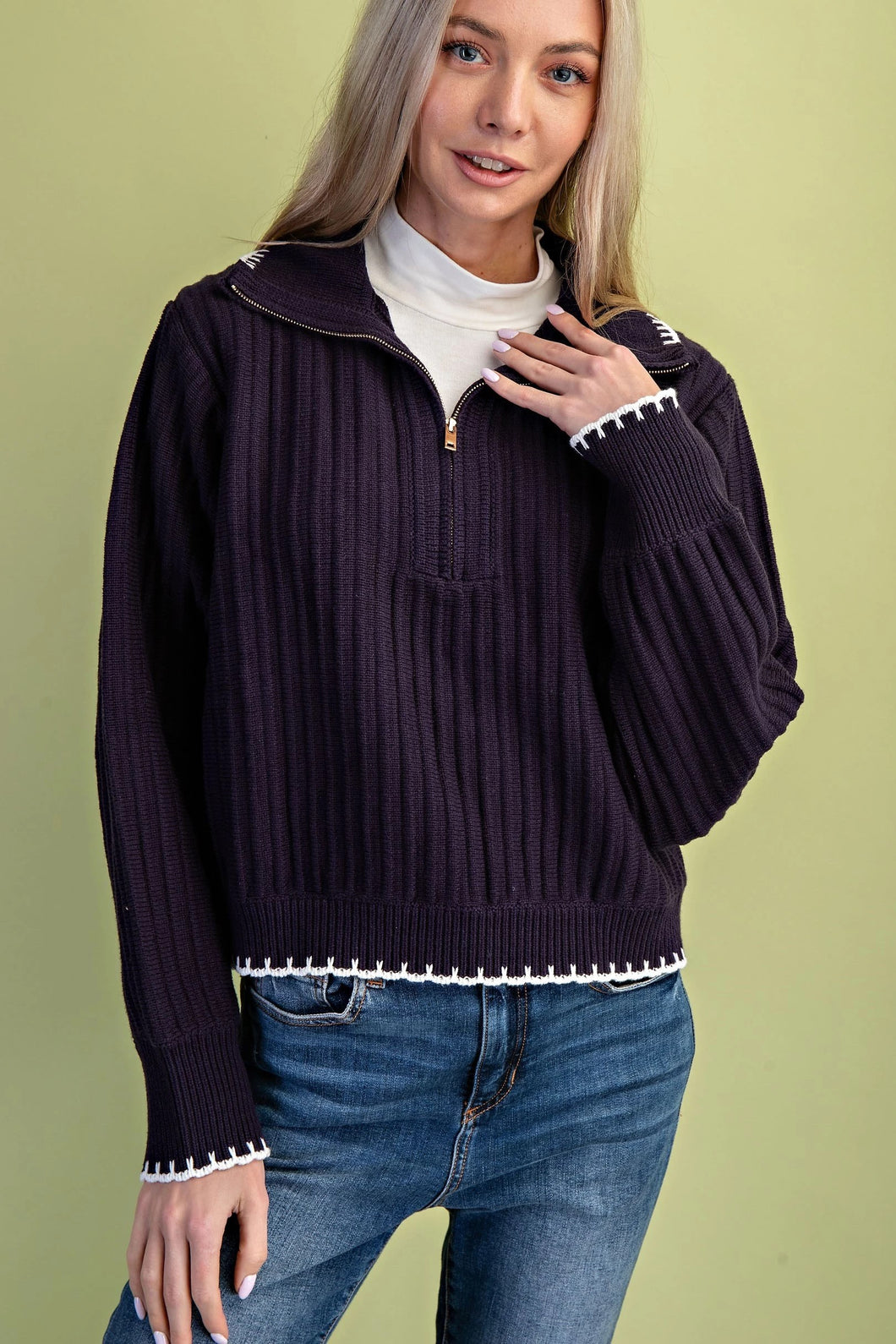 Cable Knit Half Zip Sweater Navy