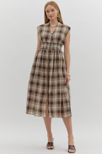 Mocha Plaid Zip Front Dress