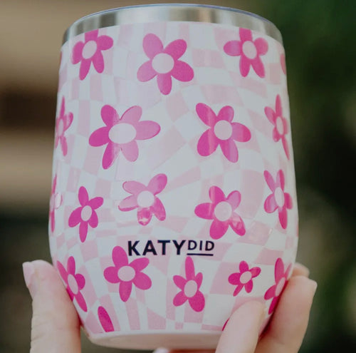 Pink Flower Groovy Checkered Wine Tumbler