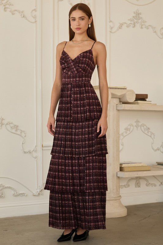 Burgundy Plaid Tiered Maxi