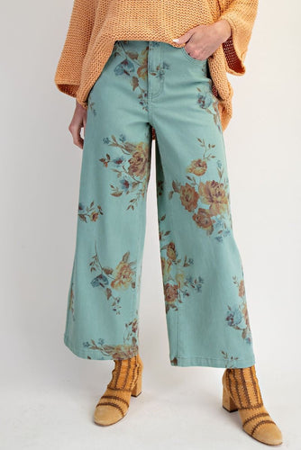 Mint Flower Print Wide Leg Pants
