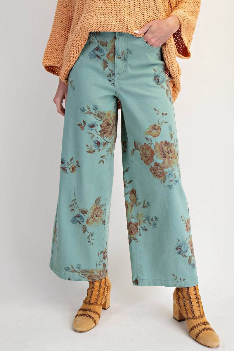 Mint Flower Print Wide Leg Pants