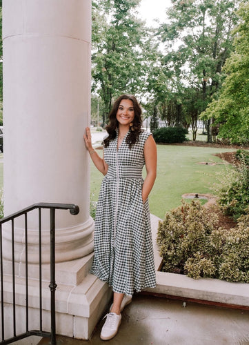 Deep Evergreen Plaid Scrunch Waist Midi