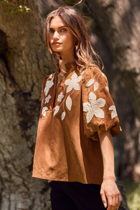 Camel Suede Floral Top