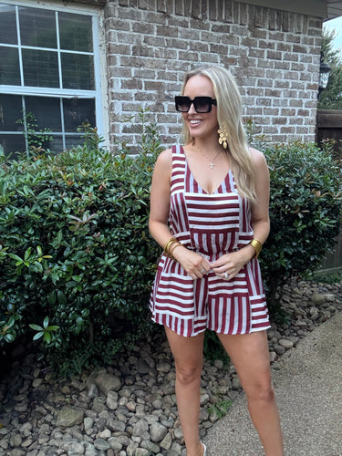 Maroon/White Elastic Waist Romper