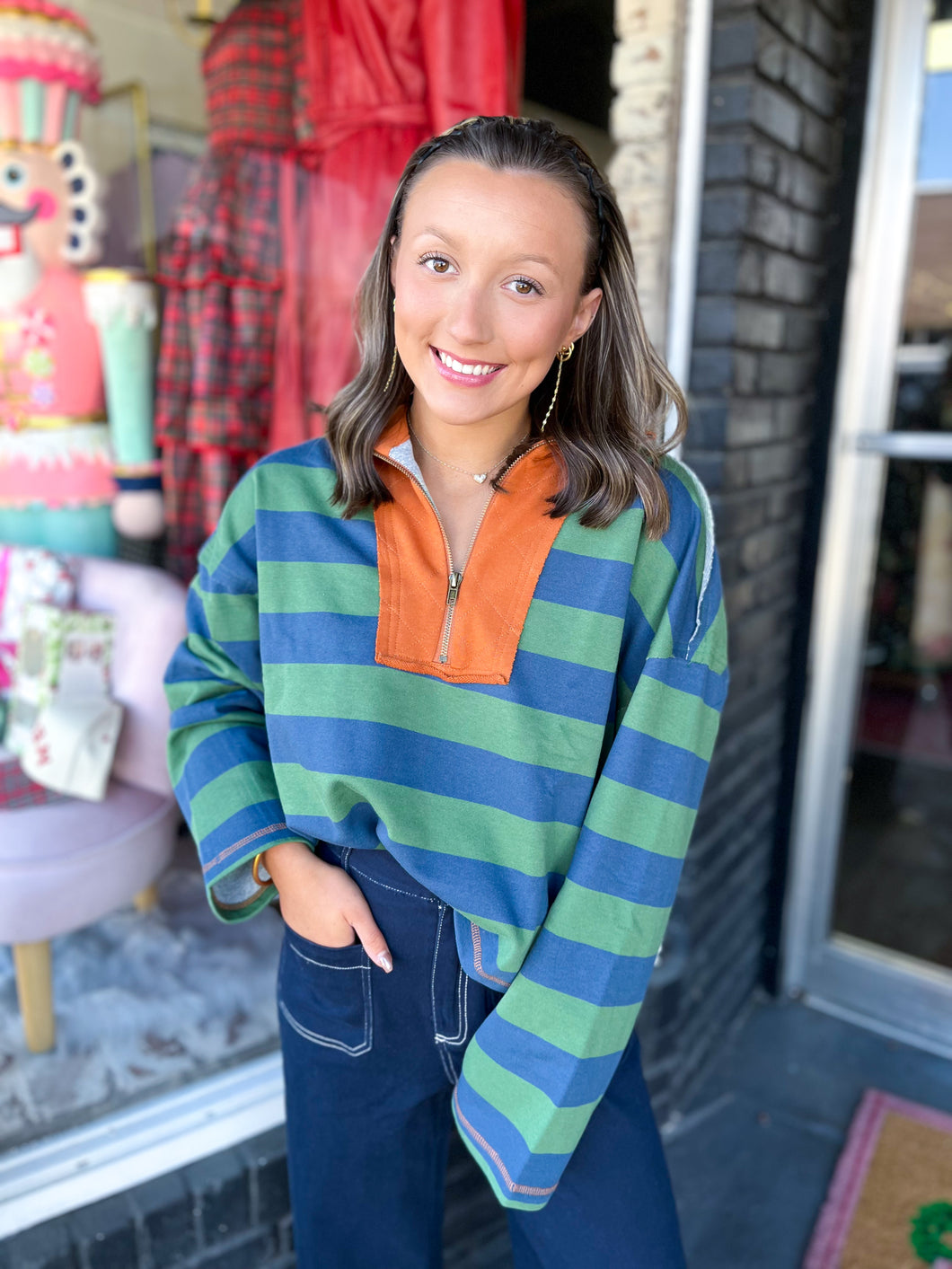 Green/Blue Striped Sweatshirt