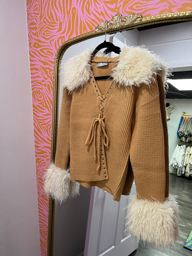Fur Trim Lace Up Cardigan