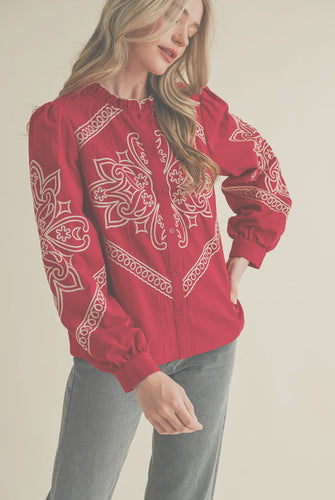 Ruby Red Embroidered Detail Top