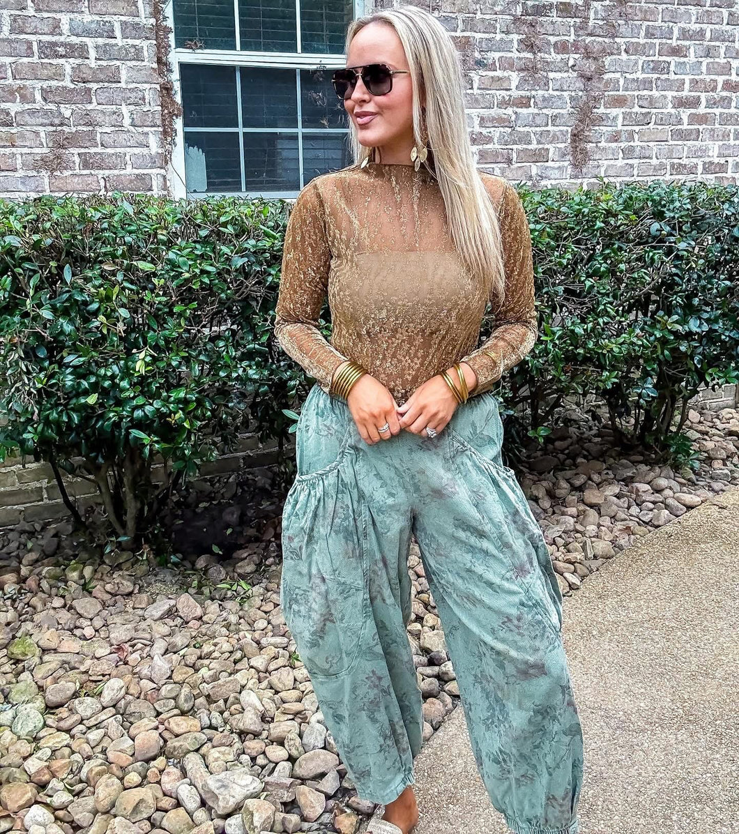 Olive Floral Denim Barrel Pant