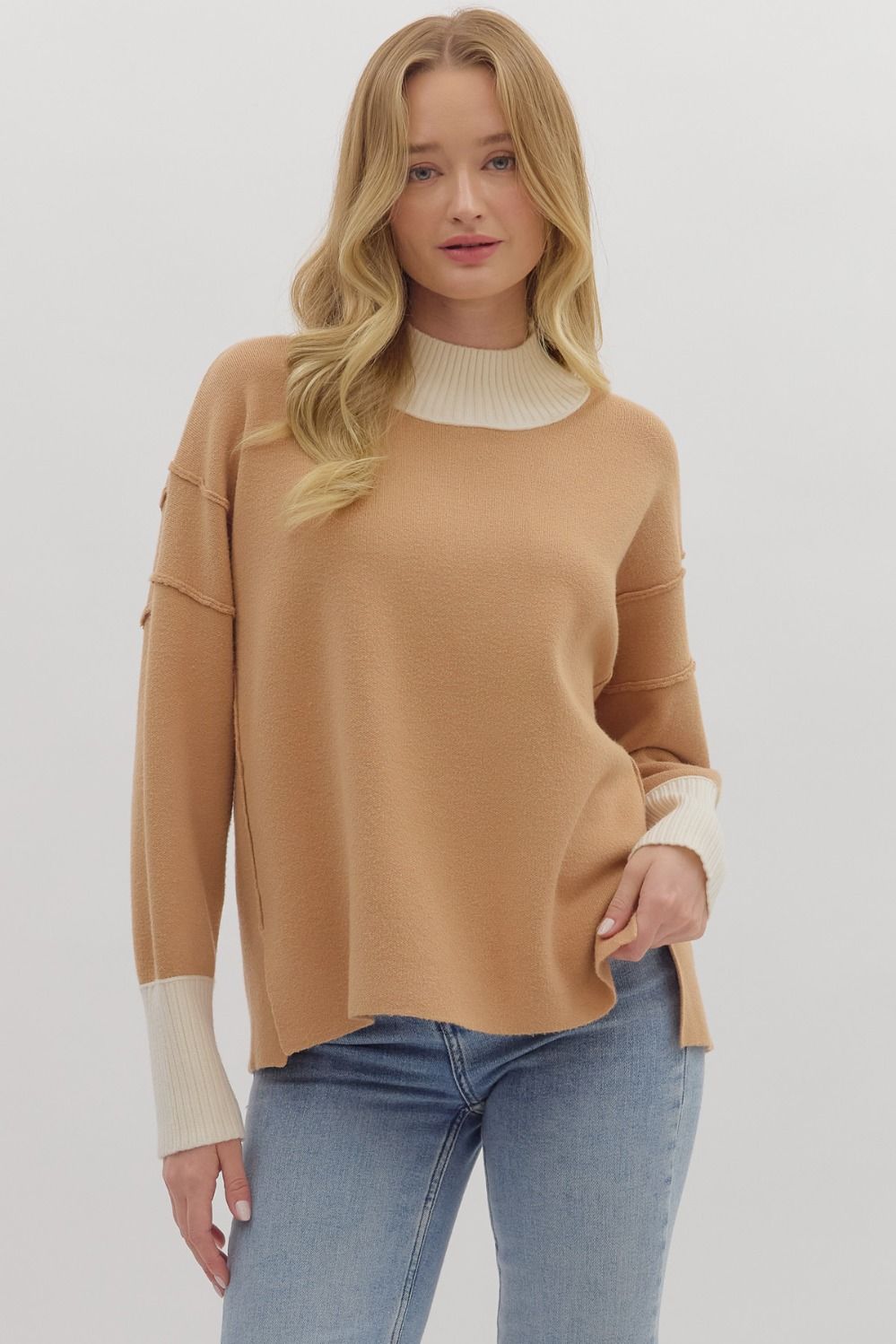 Cream/Camel Mock Neck Sweater