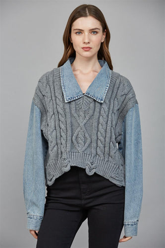 Knit & Denim Heather Grey Top