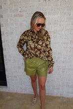 Load image into Gallery viewer, Brown Chartreuse Rose Satin Shirt