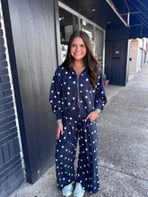Load image into Gallery viewer, Navy/Cream Polka Dot Sweat Set