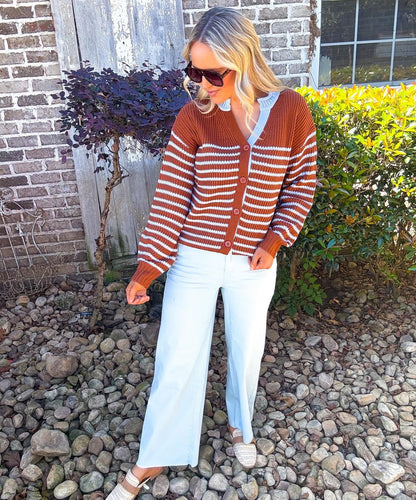 Camel/Blue Striped Button Sweater