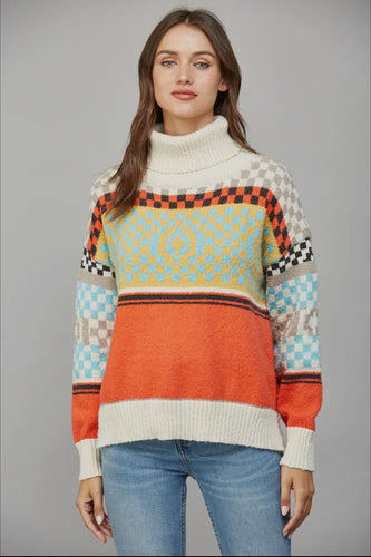 Geometric Print Turtleneck Sweater