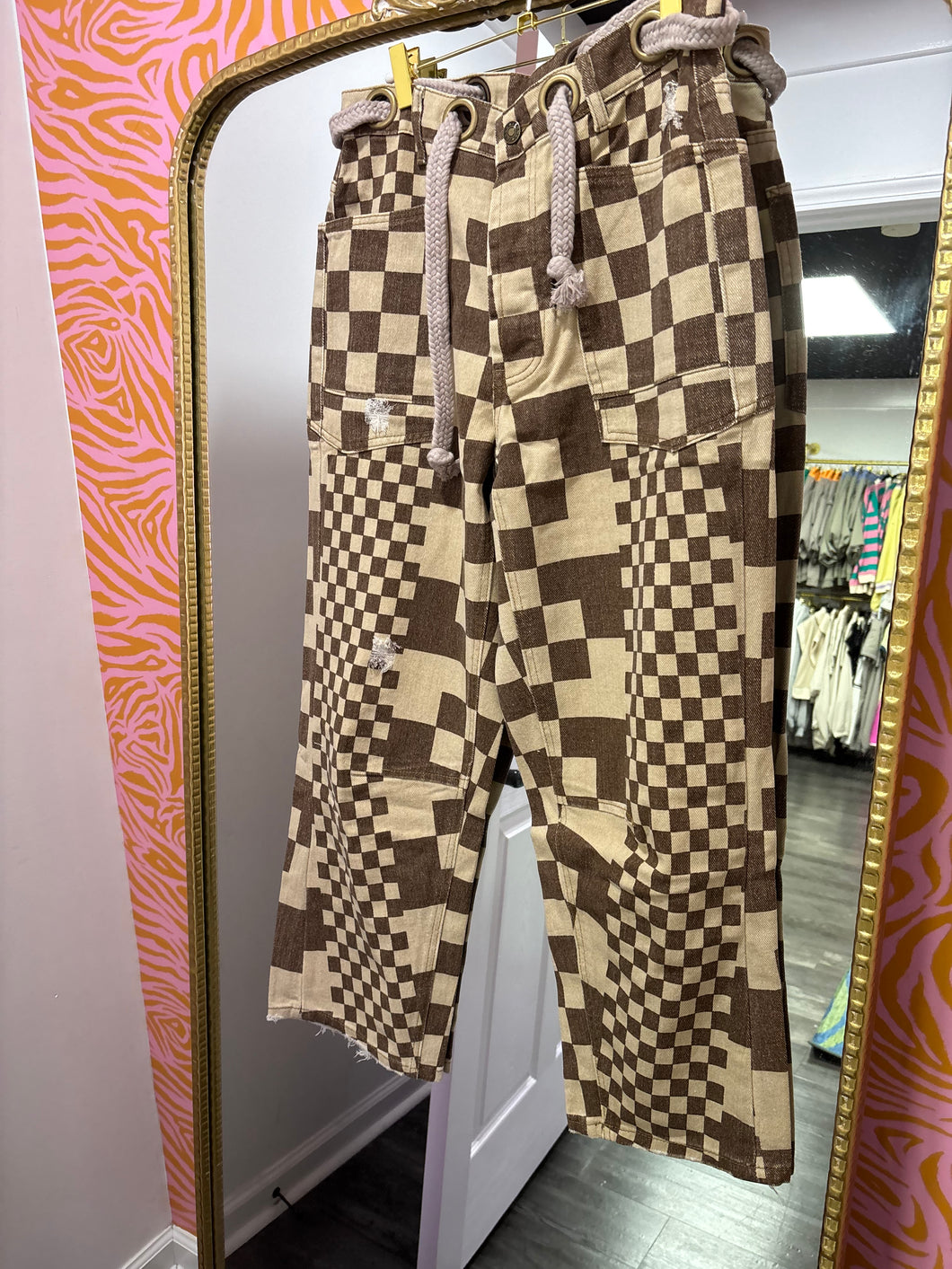 Washed Checker Board Printed Jeans